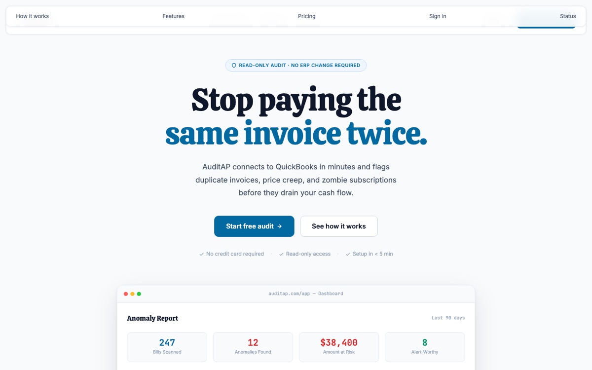 AuditAP accounts-payable monitoring dashboard flagging invoice anomalies