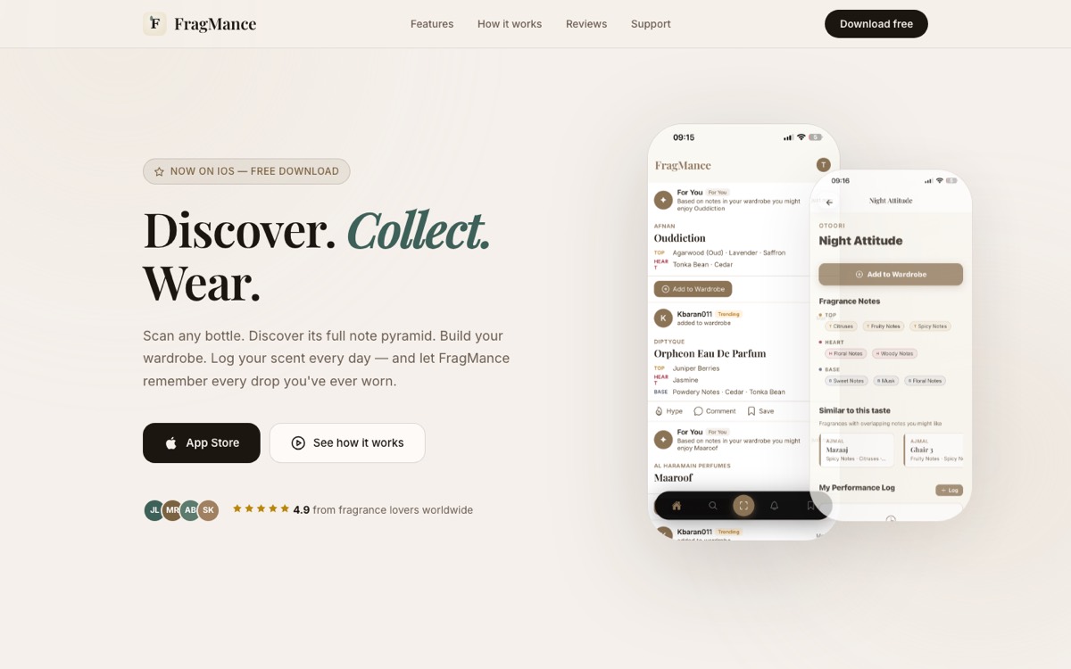 FragMance mobile app screenshot showing the fragrance discovery interface